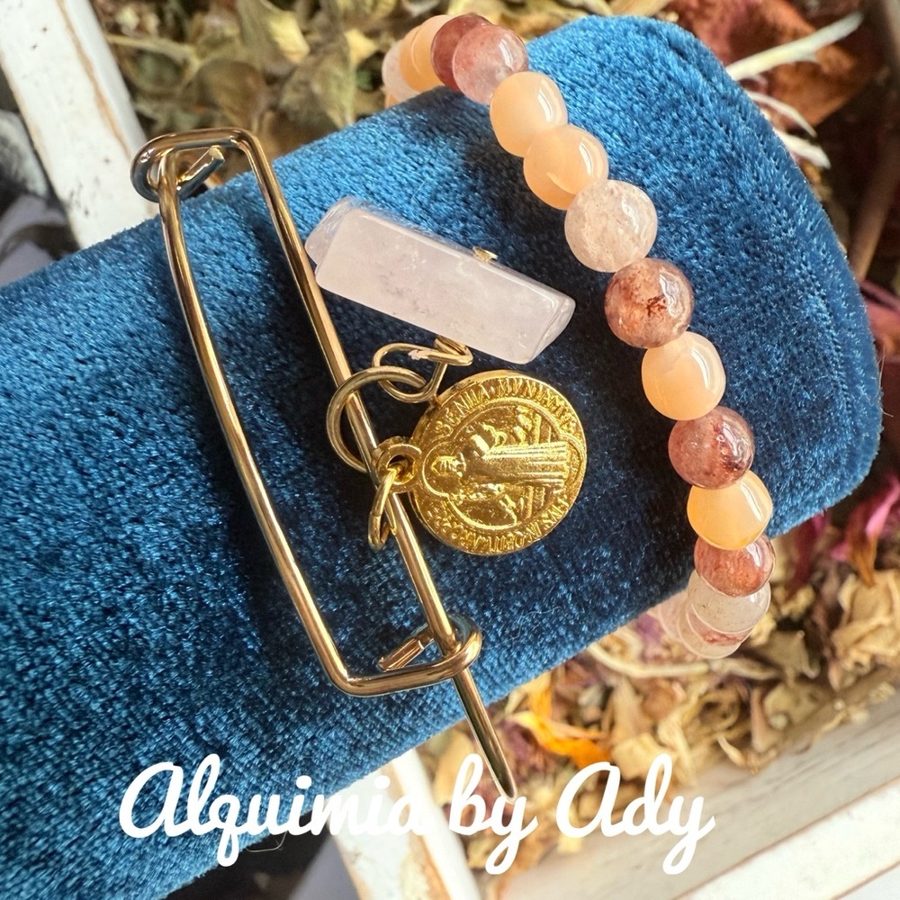 Pastel gemstones statement charms Saint Benedict bracelet duo set stack